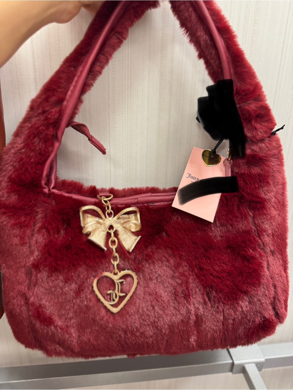 Juicy Couture Burgundy Faux Fur Shoulder Bag with Bow Heart Charm
